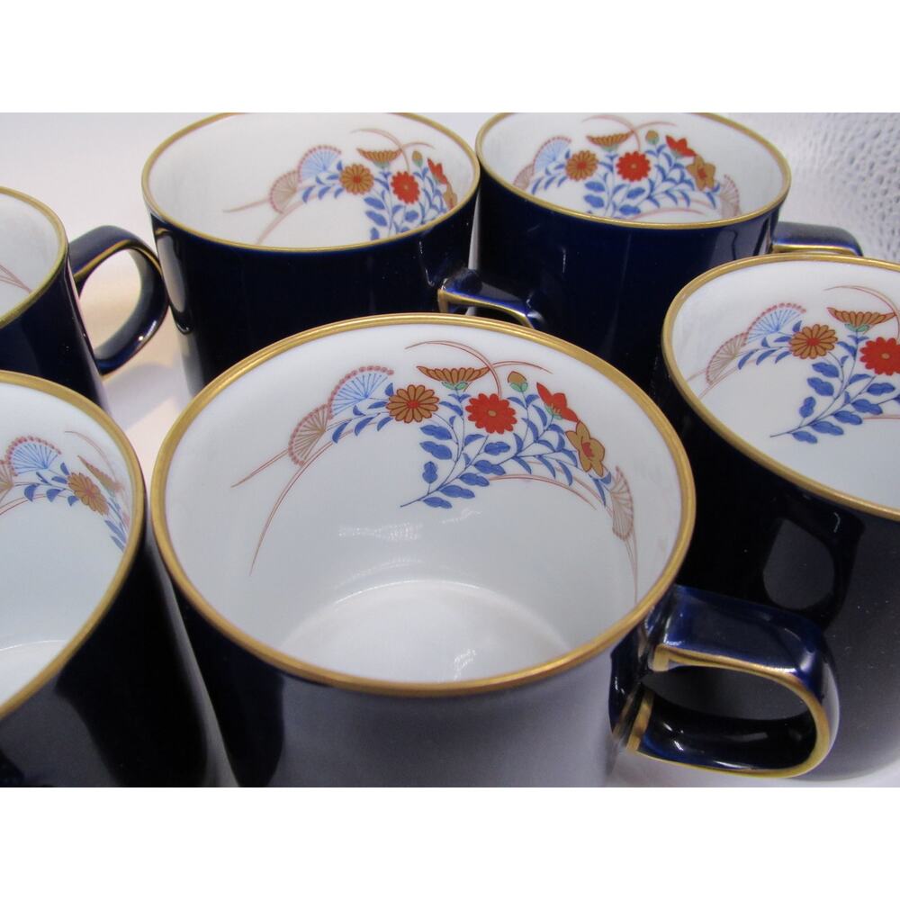 New in Box Koransha Cobalt White Gold Flower Set of Six Teacups with Saucers